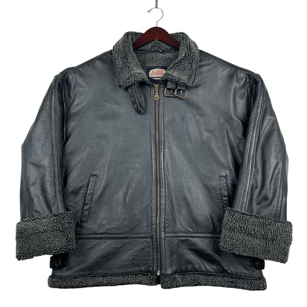 Vintage S-Zee Leather Bomber Jacket XXL Black Faux Shearling Aviator Coat 90s